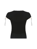 Sweet Y2K Contrast Lace Patchwork Square Collar Black T-Shirt Women Short Sleeve Basic Balletcore Cute Summer Tops