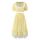 French Lace Patchwork Square Collar Top And Long Skirt Women Set Yellow Plaid Puff Sleeve T-shirt + Skirts Sweet Summer Outfits
