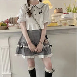 Kawaii Plaid Women Short Skirt Lolita Ruffle Japanese Style Lace Bow Mini Skirts Cutecore Sweet Pleated Preppy Skirt