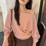 Pbong  Gentle One-Shoulder Lantern Sleeve Knitted Sweater Loose Fit Autumn Winter Fashion Single Wear Inner Match Versatile Shoulder