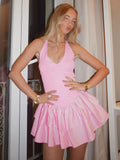 High Waist Ruffled Dress For Women Sexy V neck Halter Backless Suspender Dress Fashion Splice Solid A-line Mini Dress