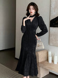 Women Autumn French Vintage Velvet Long Sleeve Mermaid Prom Dress Style Elegant Slim Bodycon Evening Party Clothes Vestidos New