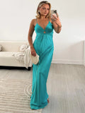 Round Ring Hollowed Out Sling Party Dress Women Blue V-neck Sleeveless Backless Maxi Robes 2024 Lady Simple Elegant Formal Dress