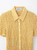 Yellow Plaid Mini Dress Single Breasted Slim Short Dresses For Women 2025 New Turndown Collar Short Sleeve Casual Dress Summer