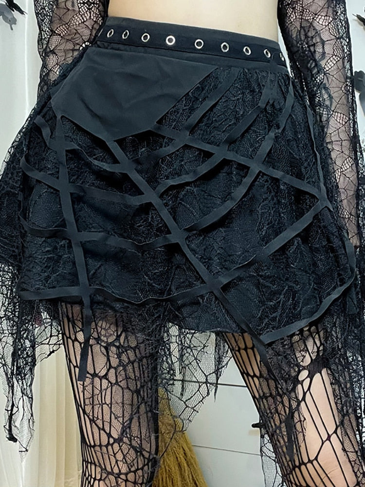 Goth Dark Spider Web Punk Mesh Tassel Mini Skirts Mall Gothic Grunge High Waist A-line Skirt For Women Eyelet Party Clothes