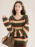 Korean Sweet Striped Sweater Women Sexy V Neck Vintage Knitted Jumper Casual Long Sleeve Female Lazy Wind Pullover Tops New