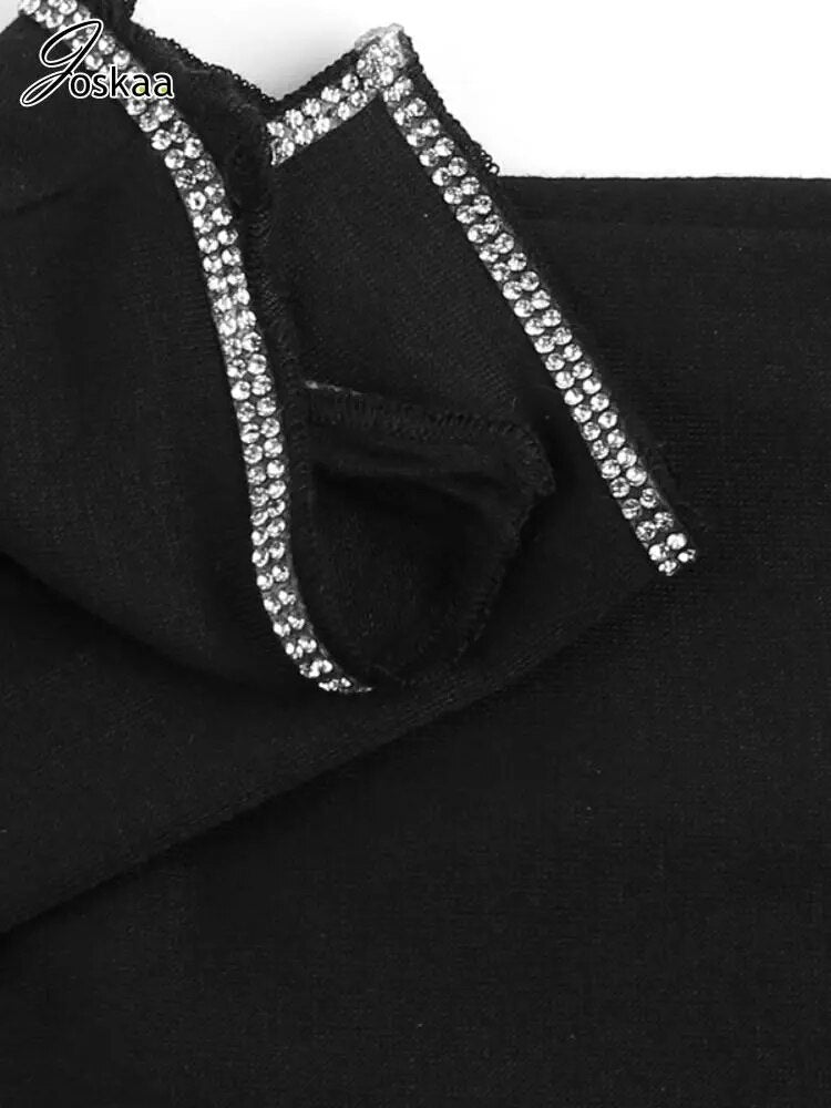 Sexy Rhinestone Black Dress Women Hipster Square Collar Full Sleeve Split Bodycon Midi Dresses Autumn Party Clubwear