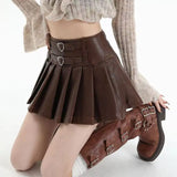 Vintage Brown Leather Skirt Women Y2k Sexy Gothic Pleated Mini Skirt Black Punk Grunge Retro Short Skirts Streetwear