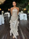 Elegant Sequin Ruffle Evening Dresses Women Retro Glitter Sleeveless Slim Halter Long Dress Lady Chic Street Party Holiday