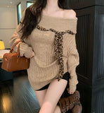 Sexy Off Shoulder Y2K Sweater Women Vintage Leopard Lace Up Knitted Jumper Casual Lazy Wind Long Sleeve Slash Neck Pullover