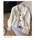 Fashion Sweet Slim Denim Jacket Women Korean Long Sleeve Striped Patchwork Short Coat Fall Winter Female Chic Outwear Tops