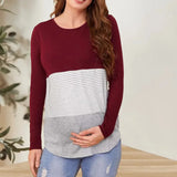 Pbong  Pregnant Women's Soft and Comfortable Round Neck T-shirt Trendy Loose Breastfeeding Striped Color Blocked Long Sleeved Top