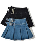 Summer New TARUXY Denim Y2k Skirt with Pleats and Belt 90s E-girl Korean Skirts For Women High Street Jeans Short Bottom