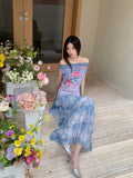 Romance Off The Shoulder Floral Sleeveless Mesh Top Gradient Blue Summer Tank Top Woman 2025 Korean Fashion