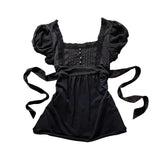 Punk Fashion French Elegant Square Collar Short Sleeve T Shirts Harajuku Spliced Lace Edge A-line Clothes Y2k Lace Up Design Tee