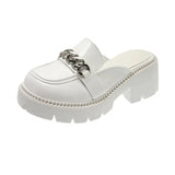 Pbong  Women's Elevated Platform House Slippers Female Slides Shoes Square heel Mules Fashion Loafers Med Cover Toe Heels Luxury Fabric