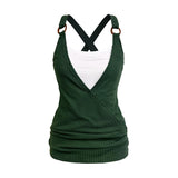 2025 Women's Tops Colorblock Textured Crossover Faux Twinset Tank Top O Ring Strap Ruched Long 2 in 1 Tank Top