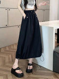 Pbong  Y2K Women Cargo Long Skirts Vintage Loose High Waist Streetwear Skirt Retro Casual American Shirring Solid A Line Skirt New