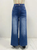 Pbong  Spring New Women Vintage Street Straight Leg Jeans Loose Button Pocket Washed Denim Wide Leg Pants High Waist Casual Jeans