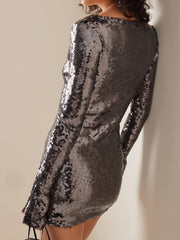 Sexy V Neck Lace-up Sequins Mini Dress Women Silver Gray Sequined Sheer Boaycon Dress Spring Elegant Party Evening Club Dresses