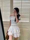 Coquette White Lace Short Skirt Ruffle Women Sweet Bow Kawaii Mini Skirts Patchwork Layered A-line Aesthetics Skirt