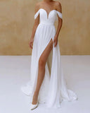 Pbong  Off The Shoulder Wedding Dresses for Bride Long with Slit Chiffon Plunging V Neck A Line Beach Simple Bridal Gowns