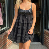 Pbong  Women Sequin Lace Edge Ruffled Mini Dress Multi-Layered Spaghetti Strap Sleeveless Cute Bow Short Dress Club Party