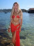 Sexy Red Pleated Tassels Mini Skirt Bikini Set Women Fashion Star Link Tops Bodycon Skirts Swimming Wear Beach Vocation Outfit