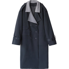 Women Trench Coat Solid Loose Contrast Double Collar Double Breasted Long Women's Windbreaker Office Lady Spring Autumn