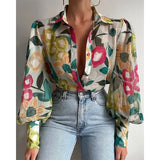 Pbong  Office ladies elegant top, fashionable button up long sleeved shirt, retro women's printed lantern sleeve shirt
