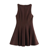 Round Neck Elagant Pleated Short Dress Solid Color Zipper Casual Women Dress 2025 New Summer Sleeveless Summer Tank's Dresses