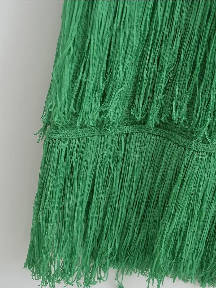 Women Solid Tassel Knitted Dresses Summer Female O-Neck Sleeveless Sheath Strap Dresses Two Colors