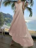 Women Elegant V-Neck Solid Evening Dress Fashion Pleated A-Line Backless Long Party Dress Korean Asymmetrical Vestidos Mujer