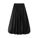 Pbong  Women's Elegant Elastic High Waist Solid Color A-Line Pleated Puffball Hem Casual Flowy Balloon Bud Midi Skirts