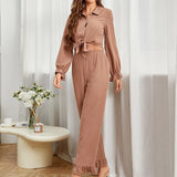 Pbong  European Pajamas Women Spring Autumn Ruffled Cardigan Long-sleeved Trousers Set Two Piece Sleepwear Home Clothes