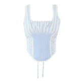 Pbong  Lace Spliced Striped Corset Camis Women Cross Lacing Up Bandage Back  Square Neck Summer Tank Top Slim Fit Crop Top
