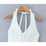 Pbong  Sexy Deep V Halter White Mini Dress Women Fashion Backless A-line Elegant Party Dresses Summer Robe Lace Up Vestidos