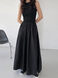 Korean Style round Neck Slim Fit Splice Pleated Maxi Dress Women's Sleeveless Dress Spring  Elegant Long Skirt