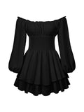 Pbong  Women's Loose Playsuit Puff Long Sleeve Square Neck Ruffle Short Romper Dress Spring Fall Casual Elegant Overalls