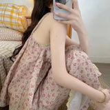 Women's New Pajamas Homewear Set Summer Retro Small Broken Flowers Halter Short-Sleeved Long Pants Thin Pajamas Homewear Set