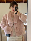 Winter Sweet Faux Lamb Coat Women Elegant Long Sleeve Slim Retro Jacket Warm Soft Female Korean Single Breasted Vintage Top