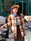 Vintage Faux Woolen Plaid Coat Women Fall Winter Long Sleeve Sweet Jacket Retro Preppy Style Korean Elegant O Neck New Tops