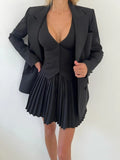Fashion Skirt Two Piece Sets Women V Neck Single-breasted Vest Tops And Pleated Mini Skirt Sexy Two Piece Sets Clothes