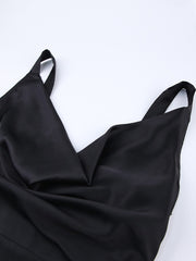 Draped V-Neck Classy Evening Long Dress Women Black Satin Formal Dress Sleeveless Floor-Length Sexy Bodycon Dresses