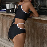 Pbong  New Solid Color Split Bikini Women High Waist Covering Black White Contrasting Swimsuit Spicy Girl Hollow Hip Vacation Swimwear