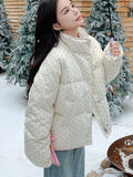 Dot Sweet Warm Parkas Women Long Sleeve Retro Winter Thick Cute Cotton Coat Casual Stand Collar Pockets Korean New Jacket