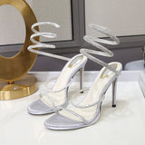 Pbong  Fashion Summer Snake Twine Around Crystal Women Sandals Luxury Rhinestones Thin High heels Gladiator Sandals  Party Prom Shoes