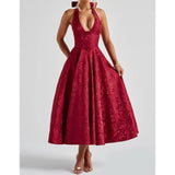 Elegant Sexy Evening Party Dresses Women Korean Style Halter V-neck Dress Sweet Backless Yellow Summer Solid Midi Dress