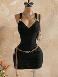Pbong  Brown Textured Halter Mini Dress with V-Neck and Waist Chain Detail