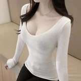 Pbong  Spring New Slim Fit Big Chest Tops Tight Thin Slightly Transparent Long Sleeved Low Cut Bottom Shirt Women Show Figure T-shirt